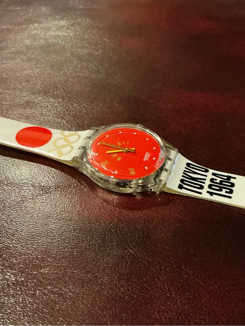 Swatch Red Dial Olympic Tokyo 1964 Musical Alarm Graphic Watch